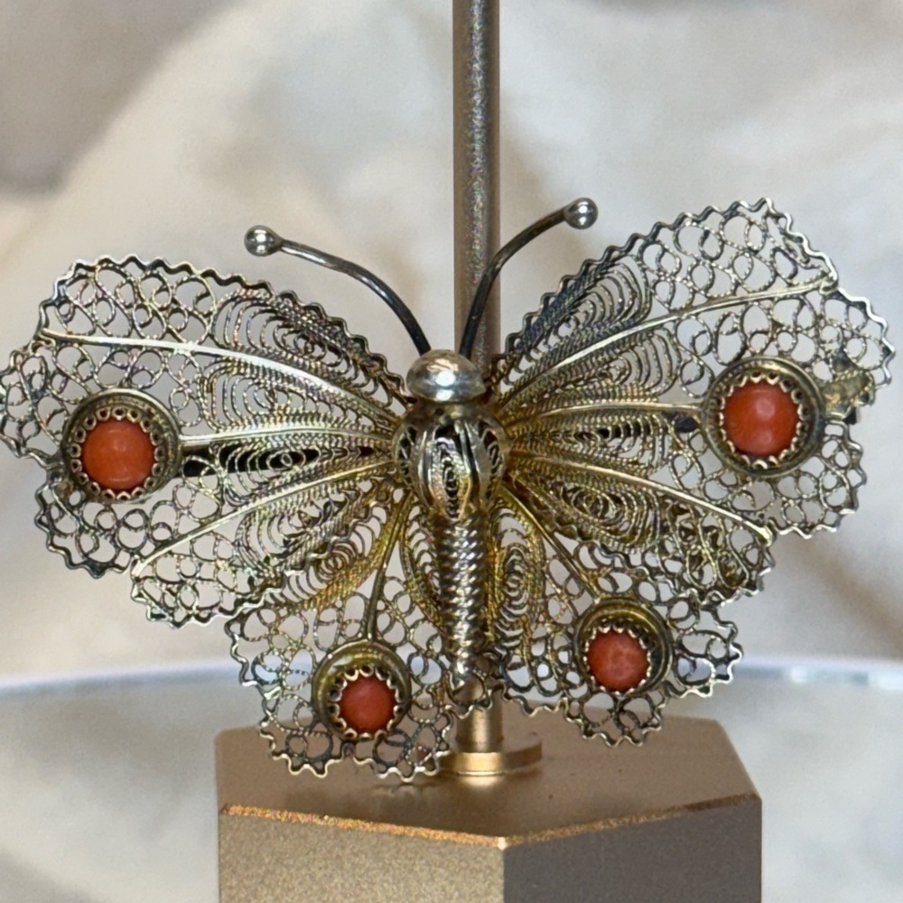 Antique Signed Sterling Silver 800 Filigree Butterfly Coral/Carnelian Brooch EUC - Picture 6 of 16